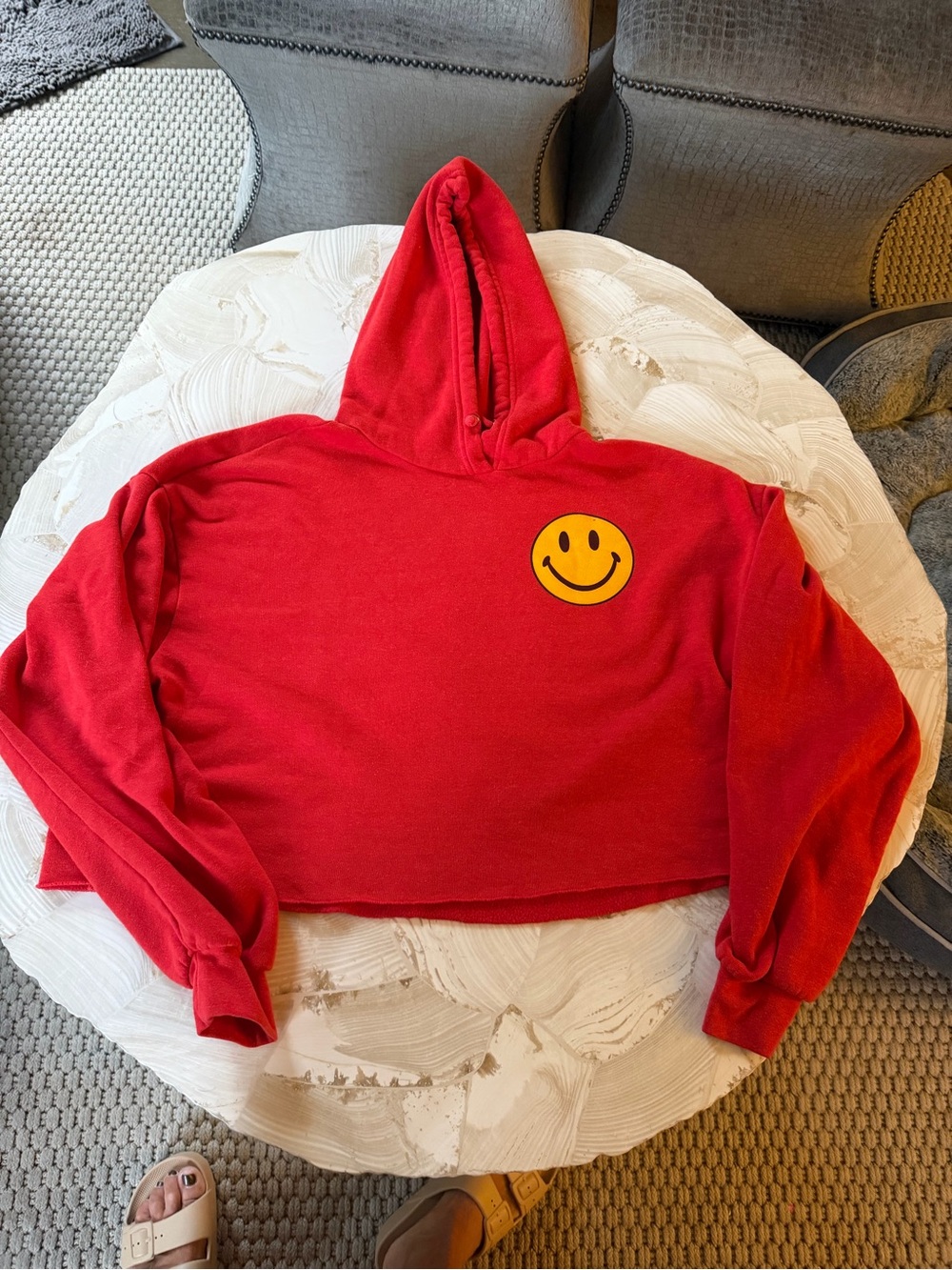 Aviator Nation Red Cropped Hoodie with Yellow Smiley